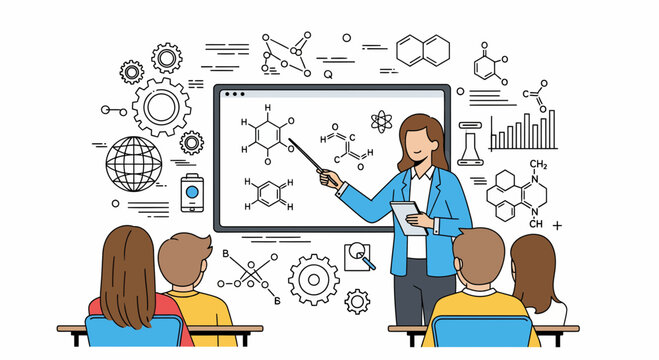 Teacher teaching science lesson using digital board with molecules for students in a classroom for modern learning