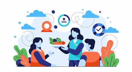 Obraz premium Professional nutritionist expert providing healthy food diet advice to young couple for better wellness lifestyle goals