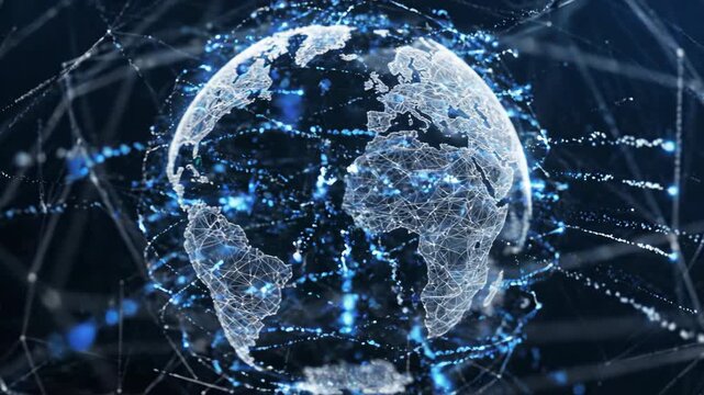 Global Digital Network: A luminous, interconnected digital representation of the Earth symbolizes the vastness and complexity of global networks and technology.