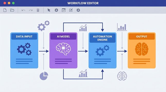 A professional software interface showing a logic flow for an AI system, featuring stages for data input, scanning, algorithm processing, and brain-output visualization