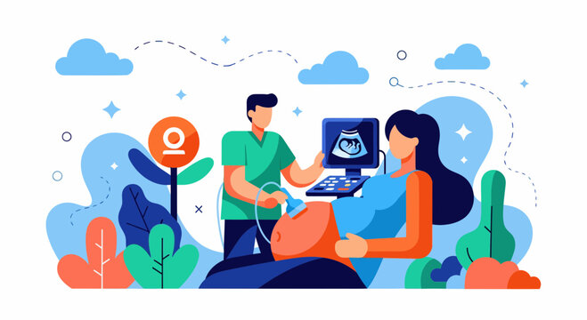 A doctor uses a scan on a lady to see her baby in a clinic
