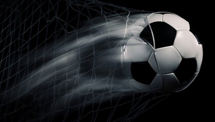 Fototapeta premium High speed soccer ball hitting the net with dramatic motion blur on black background