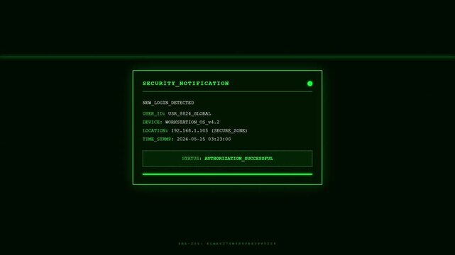 Security Notification Green Screen with New Login Detected and Authorization Successful Status Message Terminal.