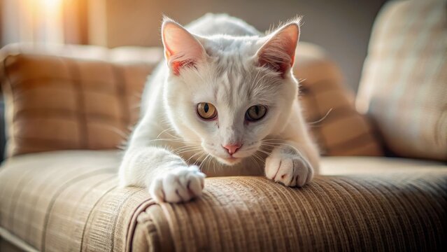 A photo of a white cat sharpening its claws on the sofa The cats eyes are focused intently on the upholstery, while its paws grip firmly onto the fa