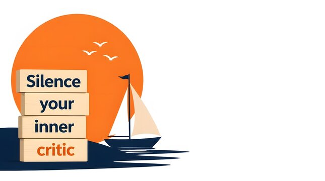 Silence Your Inner Critic on a Sunny Coastal Scene with Stacked Blocks