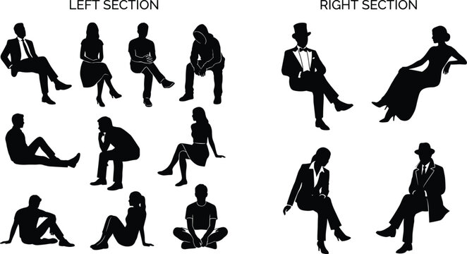 Business People Silhouettes Sitting Poses, Professional Men and Women, Corporate Workforce Vector Icons