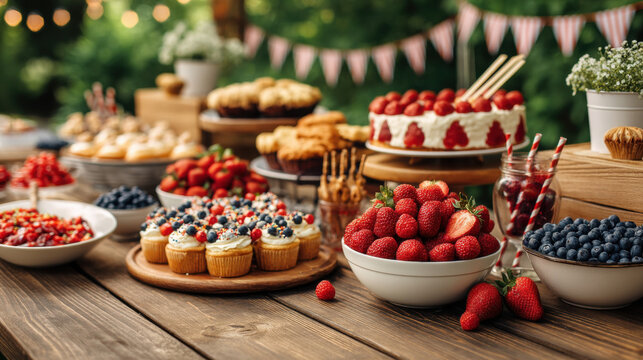Patriotic dessert outdoor party summer celebration berry cupcake strawberry 4th july table with cupcakes fruit cake bunting rustic wood festive