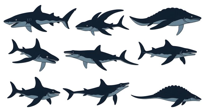 Collection of Diverse Sharks and Marine Reptiles in Dynamic Poses.