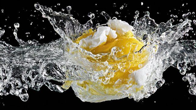 Dynamic water splash surrounding a yellow object on black background