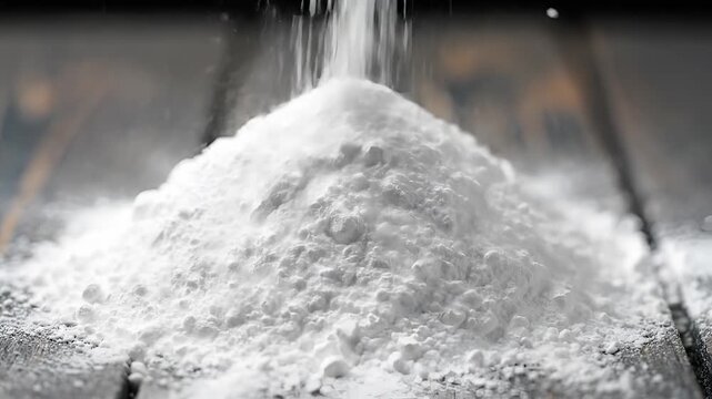 Closeup of white powder being poured onto a wooden surface.