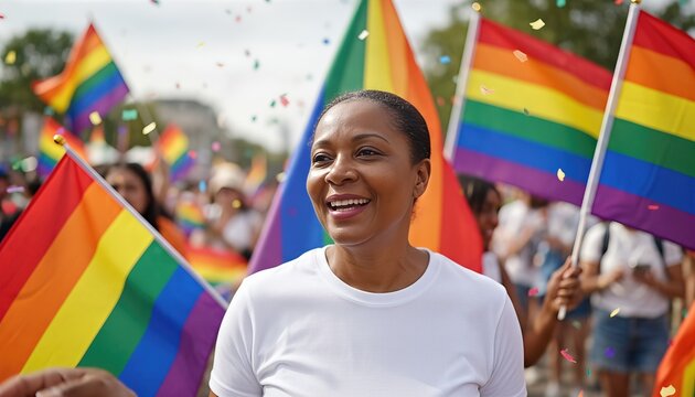 Middle aged African woman wearing a blank white t shirt stands among rainbow flags