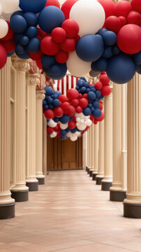Patriotic balloon red balloon blue balloon white balloon column corridor 4th july celebration with red blue white balloon garland along classical