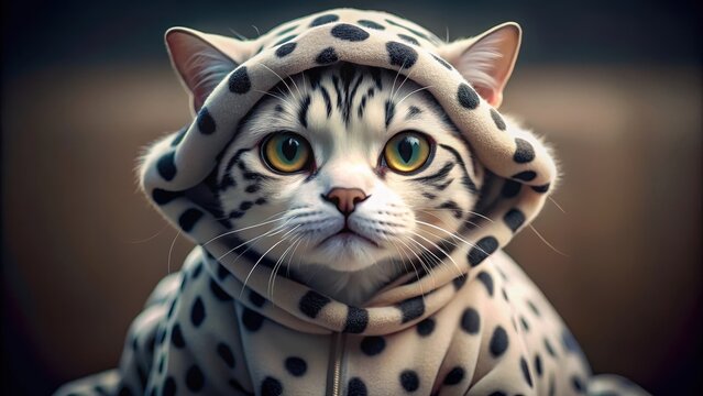 A cute but disgruntled cat in a dalmatian costume