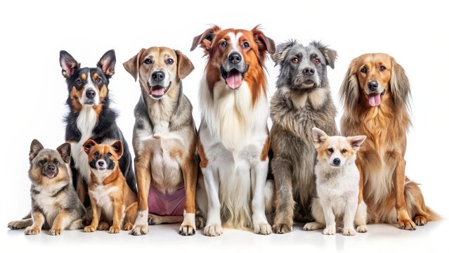 Multiple dogs of different breeds sitting in a row on a white background