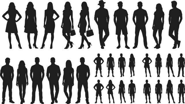 Men and women silhouettes collection with standing casual poses diverse body types and modern lifestyle figures