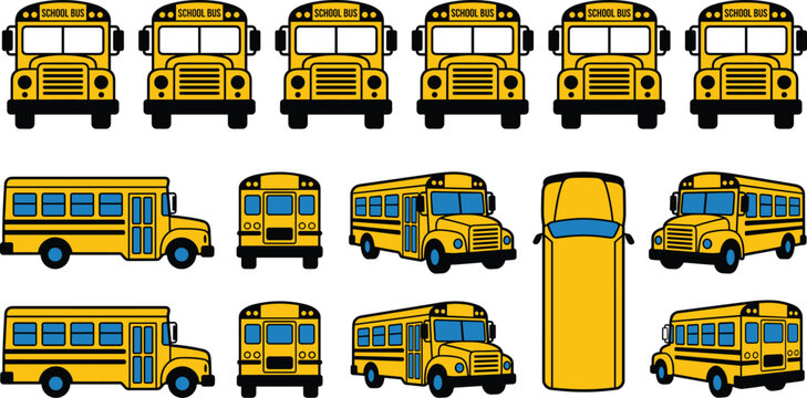 School Bus Vector Illustration Collection Front Side View Cartoon Yellow Transport Icon