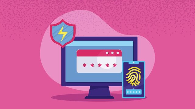 Data security animation showing computer with password field and smartphone featuring fingerprint authentication shield icon.