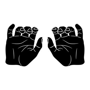 Two raised up human hands with open palms and bent fingers. Gesturing design. Black and white silhouette.