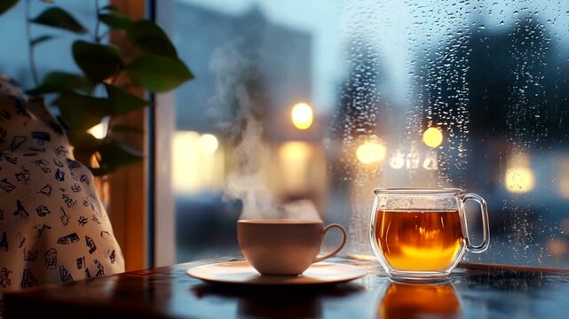 Cozy tea scene by a rainy window with steam rising