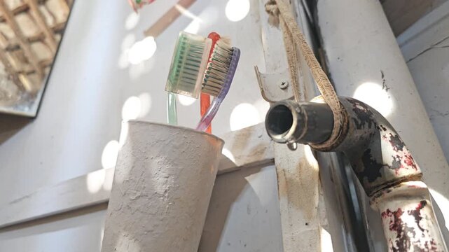 A rustic indoor washing setup featuring a dripping plastic pipe faucet and a cup of colorful toothbrushes, illuminated by dappled sunlight.