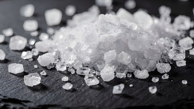 Pile of white sugar crystals on black surface close up food texture and contrast background
