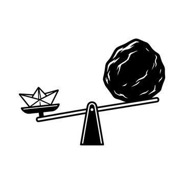 A Paper Boat Outweighing a Huge Heavy Stone on a Seesaw Scale &ndash; Concept of Mind Over Matter Value of Creativity Intellectual Strength Resilience and Imagination Defeating Hardships Minimalist Black an