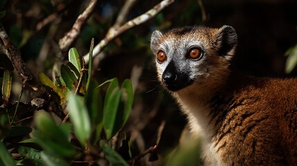 Fototapeta premium Wild Brown Lemur Sitting on Tree Branch / 野生の森の木の上に佇むブラウンキツネザル