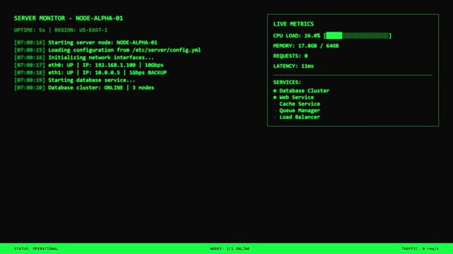 Server Monitor Screen Initializing Green Node Terminal and displaying Cloud Network Live Metrics UI.