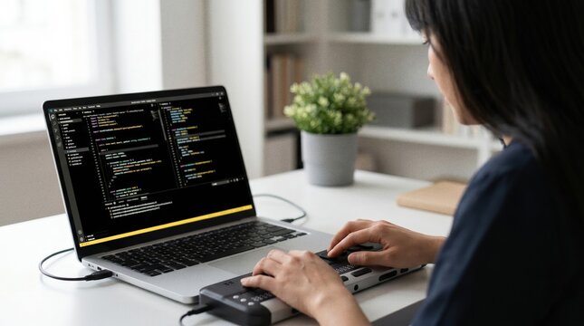 Woman coding on laptop at desk with plant and organizer in background