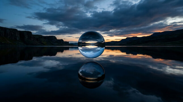 Enchanting glass orb perfectly reflects and inverts a breathtaking twilight landscape, capturing the serene beauty of dramatic sky and majestic cliffs over calm water