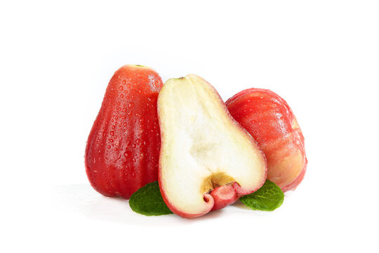 Fresh Red Wax Apples Rose Apples from Hainan Island Cut Half Water Droplets White Background Tropical Fruit