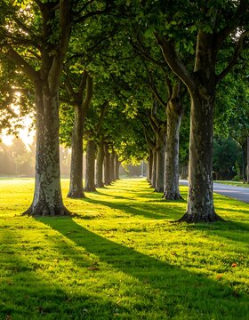 Serene tree lined pathway in park.