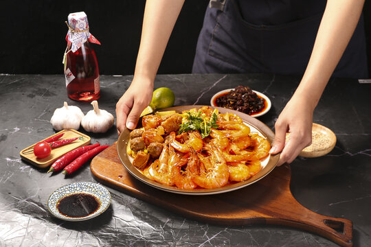 Homemade Gourmet Shrimp Meatballs with Spicy Vegetables Served on Wooden Board Kitchen Cooking Scene