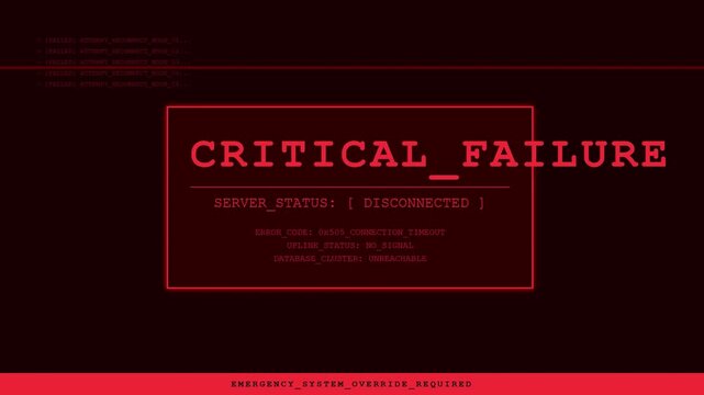 Critical Failure Red Warning Screen with Server Disconnected Status and Connection Timeout Error Message.