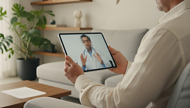 A middle aged man holding a tablet for a virtual consultation in a bright and modern living room filled with natural light