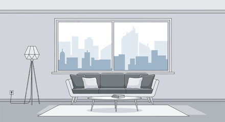 Fototapeta premium Modern living room interior, minimalist city apartment, gray and white decor, urban home