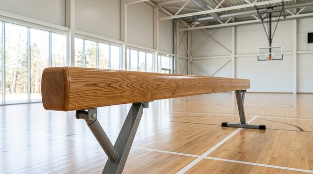 Wooden Gymnastics Balance Beam in Brightly Lit Sports Gymnasium