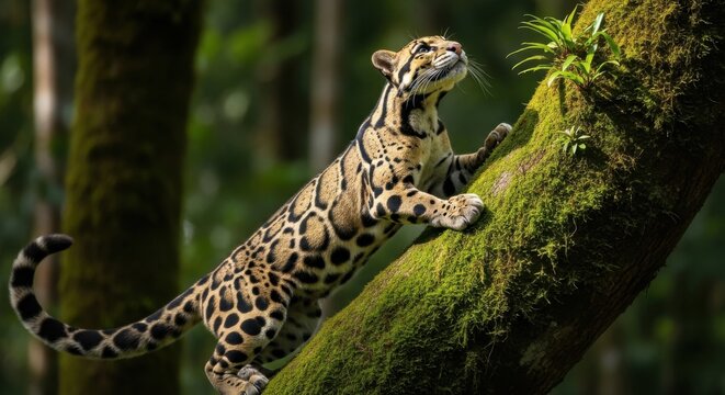 A beautiful clouded leopard climbing up a mossy tree trunk