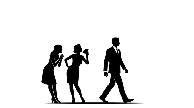 Silhouette illustration of office gossip and whispering about a walking businessman.