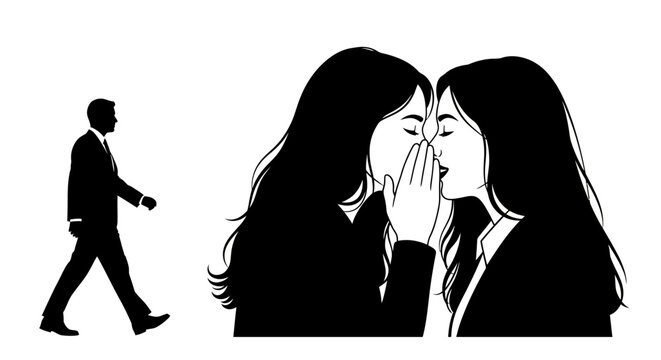 Two women whispering secrets while a man walks away in black and white.