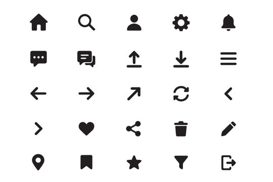 Essential UI web icons set inside thin square borders for interface.