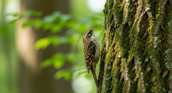 A small brown treecreeper bird climbing on a mossy tree trunk