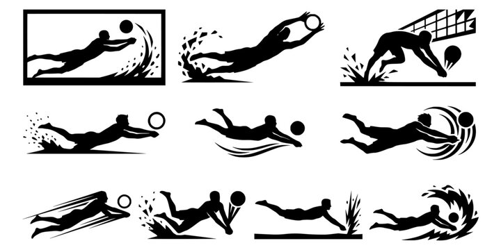 Beach Volleyball Player Diving Save Silhouettes. Dynamic Sand Volleyball Dig Action Vector Set.