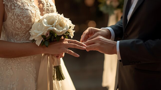 Wedding Ceremony Ring Exchange Close-up Bride Groom Hands.