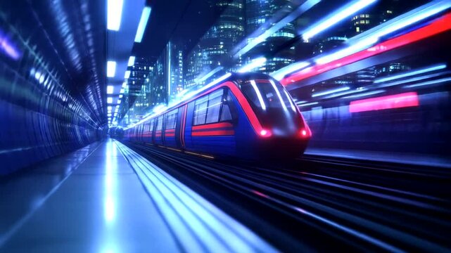Futuristic train speeding through illuminated city tunnel