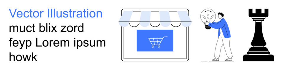 Online marketing, business strategy, innovation, problem-solving, strategic planning, e-commerce solutions. Digital storefront, person holding lightbulb chess rook displayed. E-commerce © robu_s