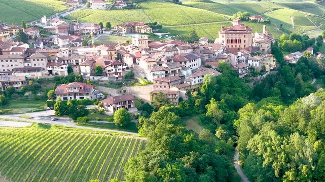 Aerial View of Barolo Village and Rolling Vineyard Hills in Piedmont Italy