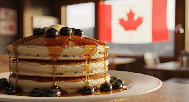 Stack of delicious pancakes with blueberries and maple syrup in a cozy restaurant setting with a canadian flag in the background
