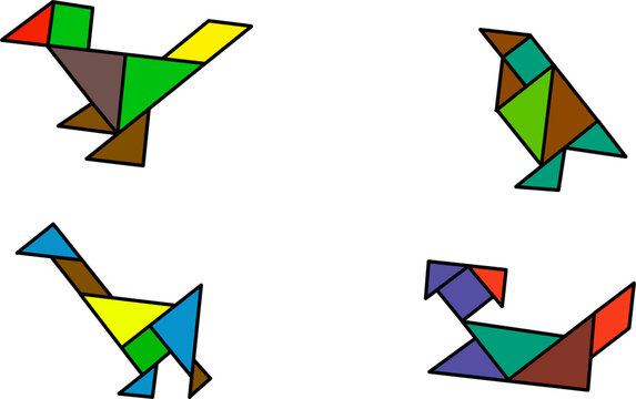 Colorful tangram animal shapes isolated on white background. Creative geometric puzzle art featuring birds and abstract figures for education and design.