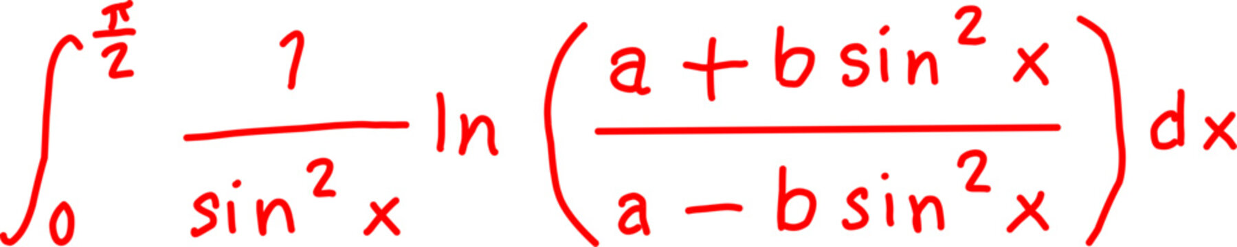 Handwritten mathematical integral equation with logarithmic and trigonometric functions in red on white background. Educational calculus formula illustration.